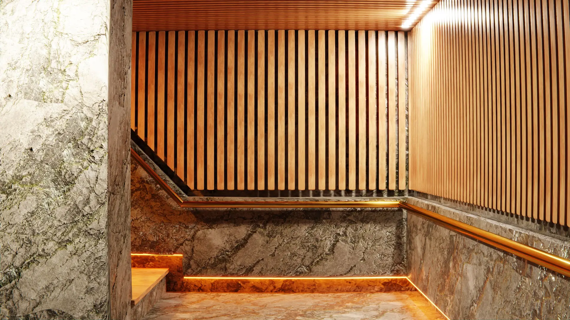 Bespoke stone and brass detailing engineered for high-end boutique commercial interior
