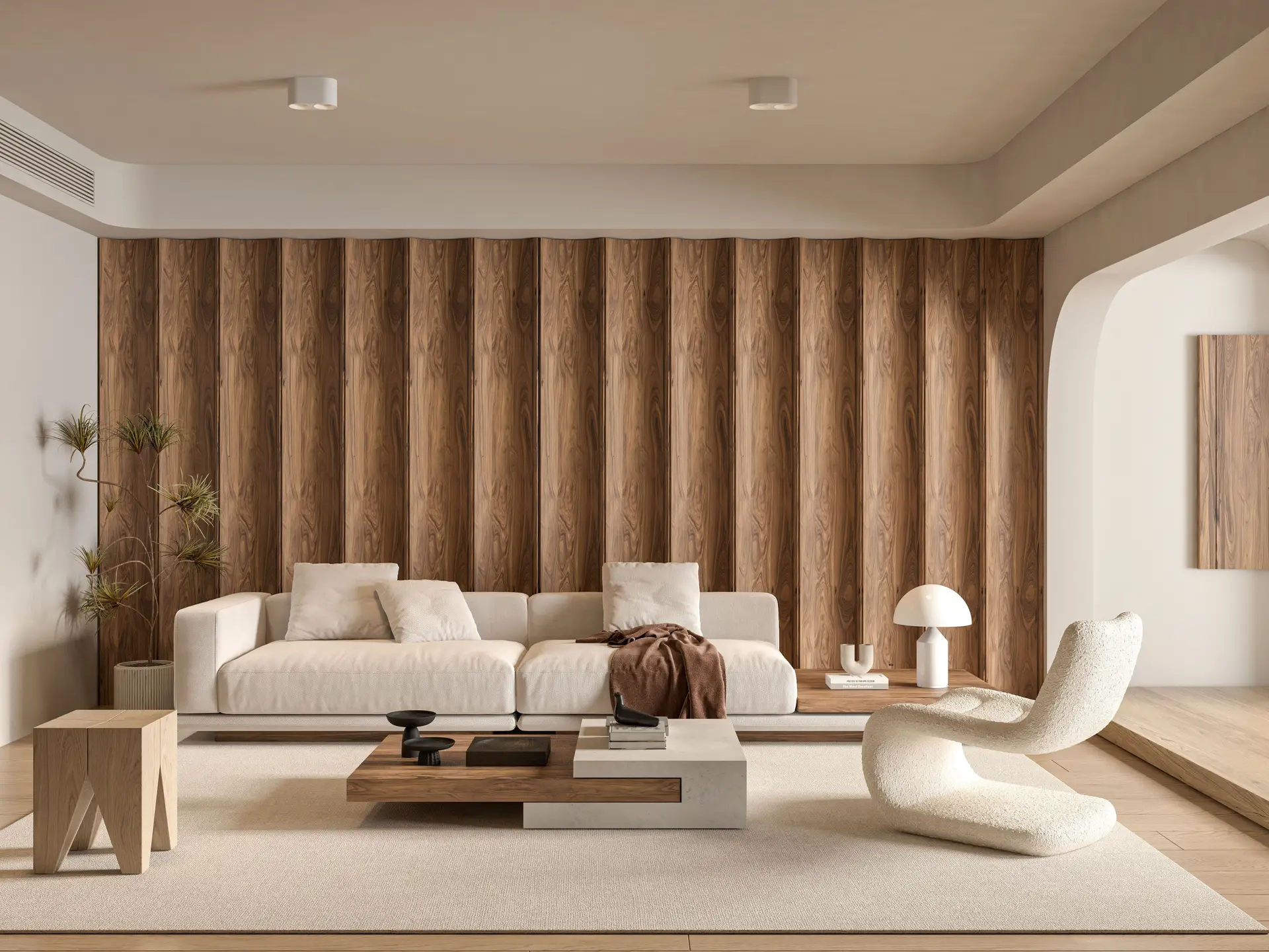 Interior architectural space designed with warm timber panelling and soft light